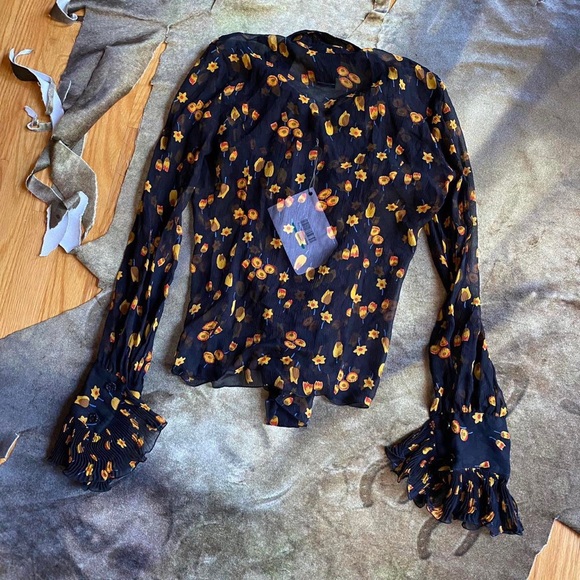 Nwt Anna sui fall floral print black orange yellow silk blouse size S - Picture 2 of 4